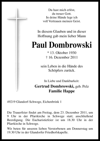 Traueranzeige von Paul Dombrowski von Neue Osnabrücker Zeitung