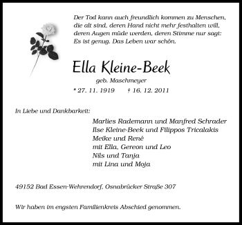 Traueranzeige von Ella Kleine-Beek von Neue Osnabrücker Zeitung