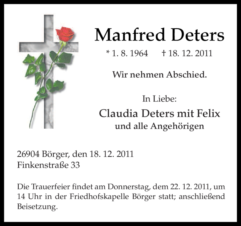  Traueranzeige für Manfred Deters vom 20.12.2011 aus Neue Osnabrücker Zeitung