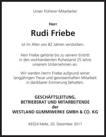 Traueranzeige von Rudi Friebe von Neue Osnabrücker Zeitung