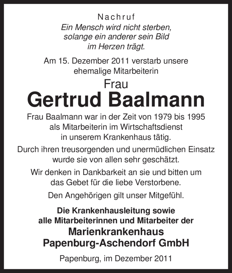  Traueranzeige für Gertrud Baalmann vom 21.12.2011 aus Neue Osnabrücker Zeitung