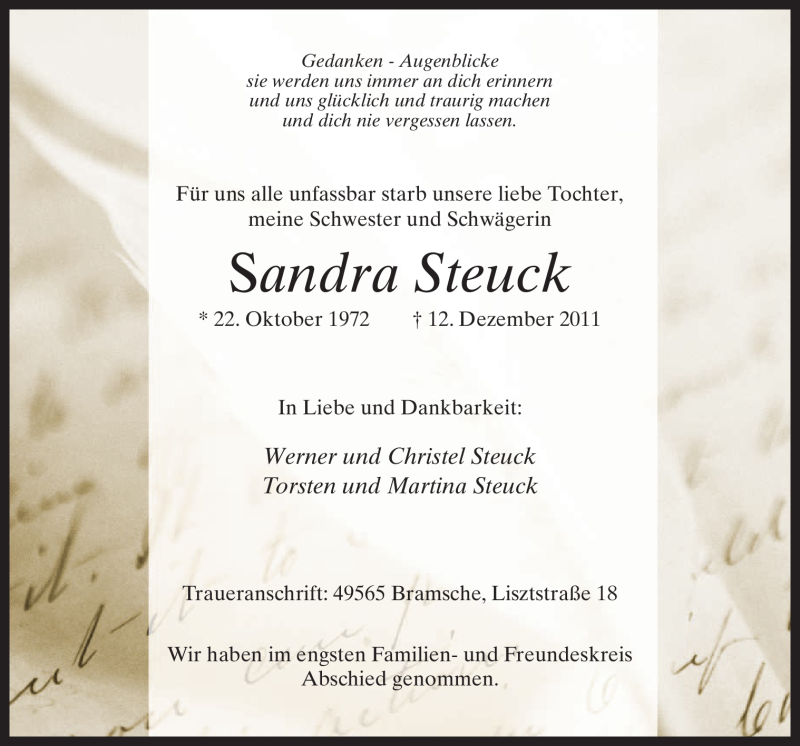  Traueranzeige für Sandra Steuck vom 21.12.2011 aus Neue Osnabrücker Zeitung