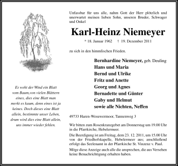Traueranzeige von Karl-Heinz Niemeyer von Neue Osnabrücker Zeitung