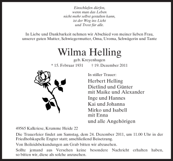 Traueranzeige von Wilma Helling von Neue Osnabrücker Zeitung