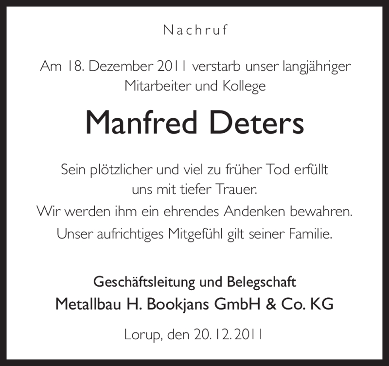  Traueranzeige für Manfred Deters vom 21.12.2011 aus Neue Osnabrücker Zeitung