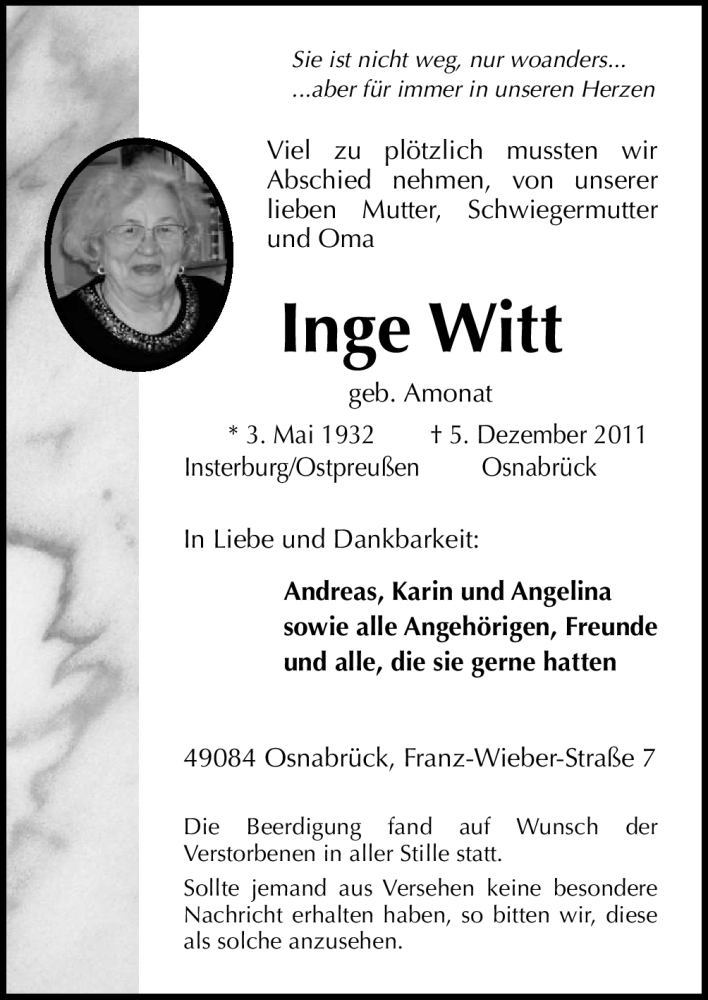  Traueranzeige für Inge Witt vom 23.12.2011 aus Neue Osnabrücker Zeitung