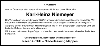 Traueranzeige von Karl-Heinz Niemeyer von Neue Osnabrücker Zeitung