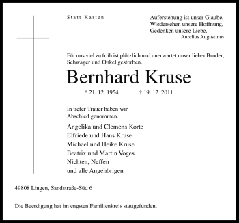 Traueranzeige von Bernhard Kruse von Neue Osnabrücker Zeitung