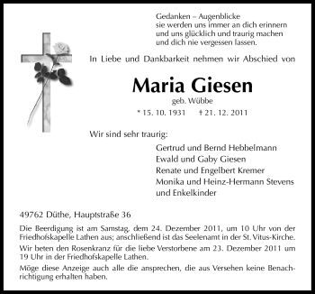 Traueranzeige von Maria Giesen von Neue Osnabrücker Zeitung