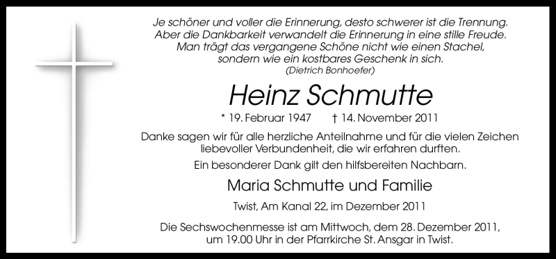  Traueranzeige für Heinz Schmutte vom 24.12.2011 aus Neue Osnabrücker Zeitung