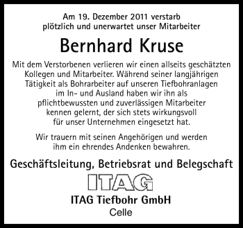 Traueranzeige von Bernhard Kruse von Neue Osnabrücker Zeitung