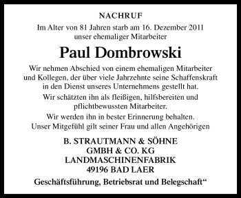 Traueranzeige von Paul Dombrowski von Neue Osnabrücker Zeitung