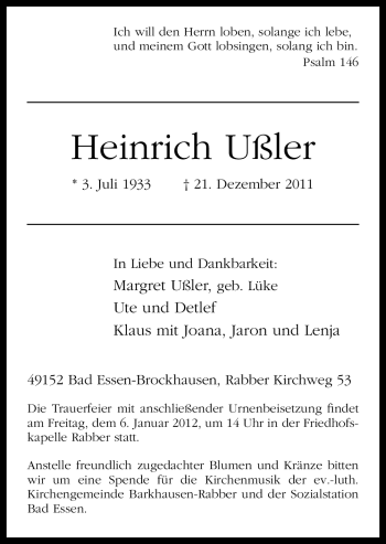 Traueranzeige von Heinrich Ußler von Neue Osnabrücker Zeitung