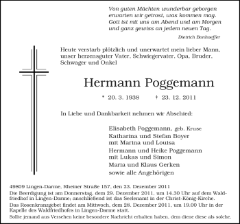 Traueranzeige von Hermann Poggemann von Neue Osnabrücker Zeitung