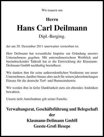 Traueranzeige von Hans Carl Deilmann von Neue Osnabrücker Zeitung