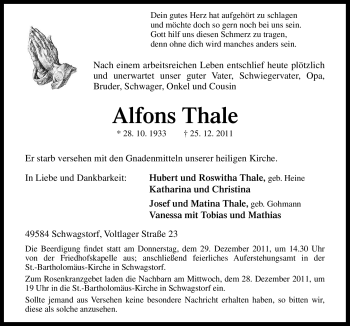 Traueranzeige von Alfons Thale von Neue Osnabrücker Zeitung