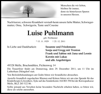 Traueranzeige von Luise Puhlmann von Neue Osnabrücker Zeitung