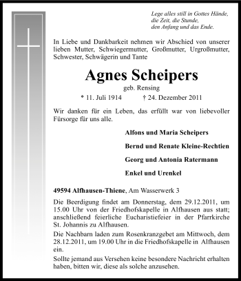 Traueranzeige von Anges Scheipers von Neue Osnabrücker Zeitung