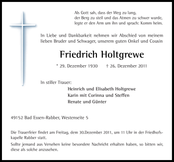 Traueranzeige von Friedrich Holtgrewe von Neue Osnabrücker Zeitung