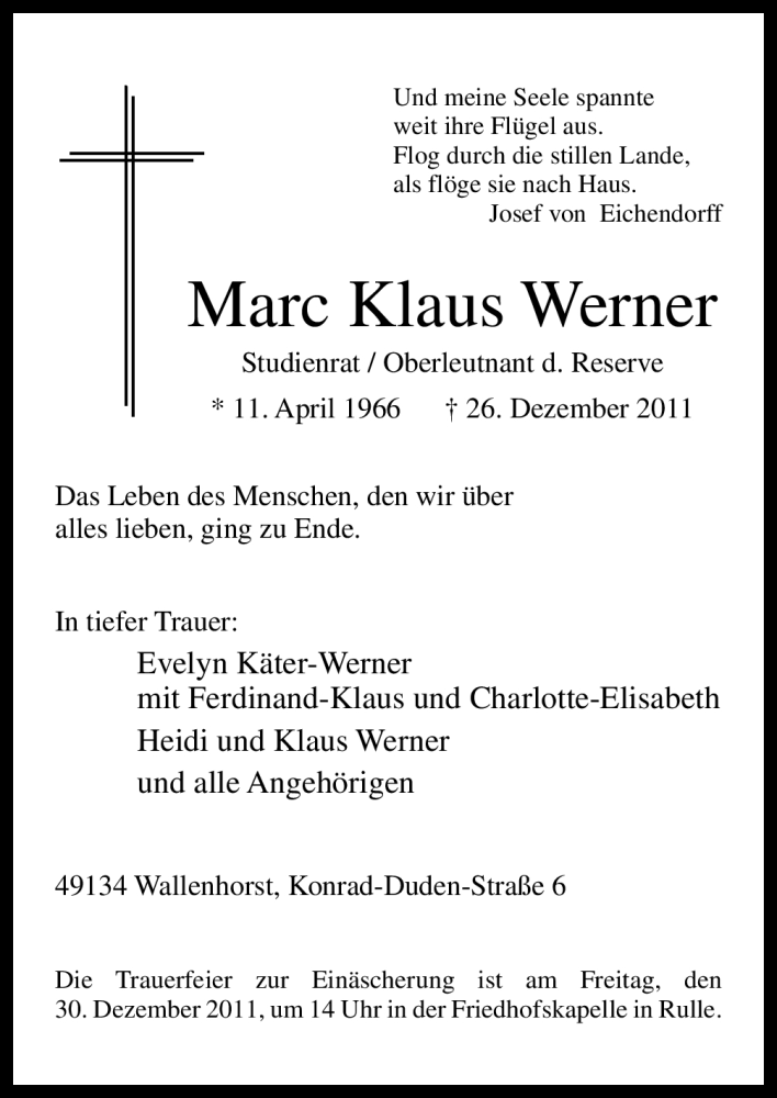  Traueranzeige für Marc Klaus Werner vom 28.12.2011 aus Neue Osnabrücker Zeitung