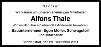 Traueranzeige von Alfons Thale von Neue Osnabrücker Zeitung