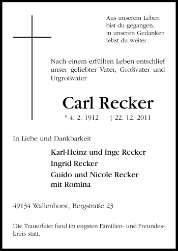 Traueranzeige von Carl Recker von Neue Osnabrücker Zeitung
