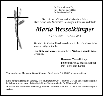 Traueranzeige von Maria Wesselkämper von Neue Osnabrücker Zeitung