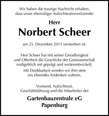 Traueranzeige von Norbert Scheer von Neue Osnabrücker Zeitung