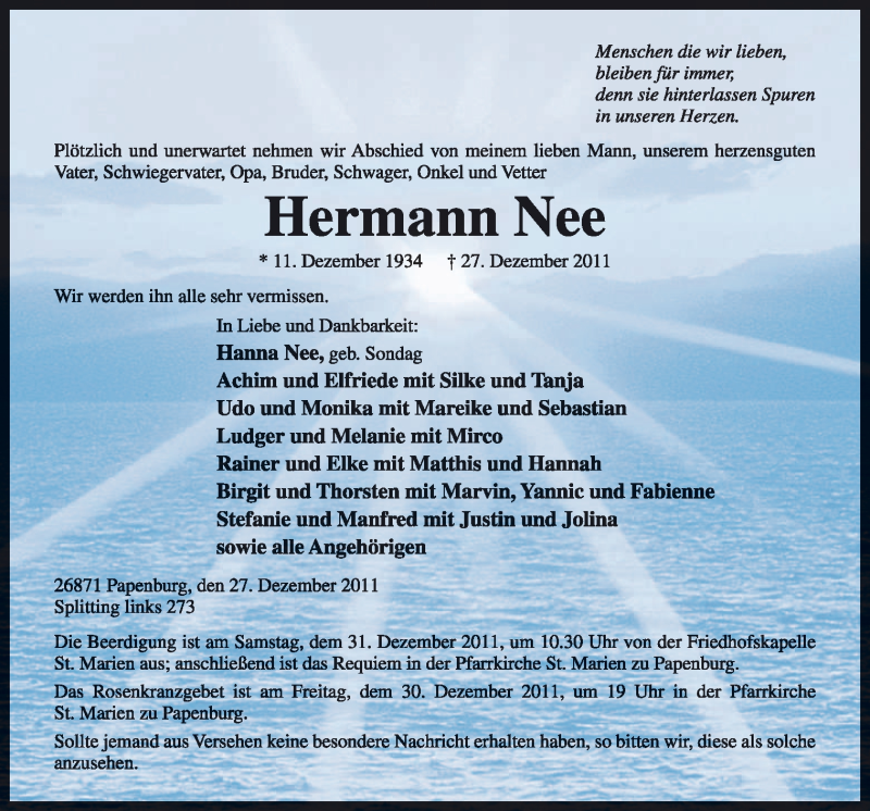  Traueranzeige für Hermann Nee vom 29.12.2011 aus Neue Osnabrücker Zeitung