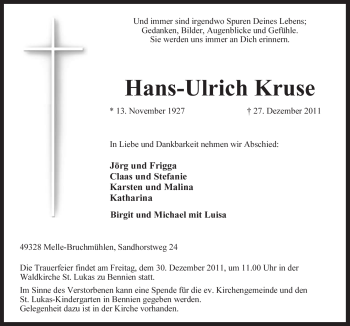 Traueranzeige von Hans-Ulrich Kruse von Neue Osnabrücker Zeitung