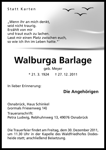 Traueranzeige von Walburga Barlage von Neue Osnabrücker Zeitung