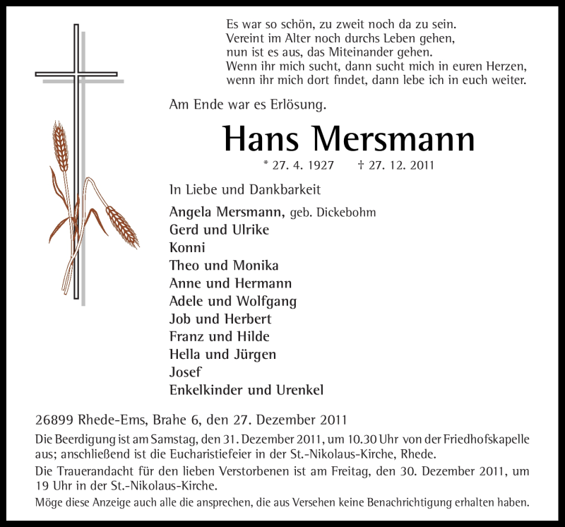  Traueranzeige für Hans Mersmann vom 30.12.2011 aus Neue Osnabrücker Zeitung