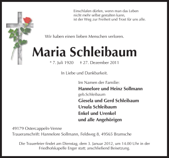 Traueranzeige von Maria Schleibaum von Neue Osnabrücker Zeitung