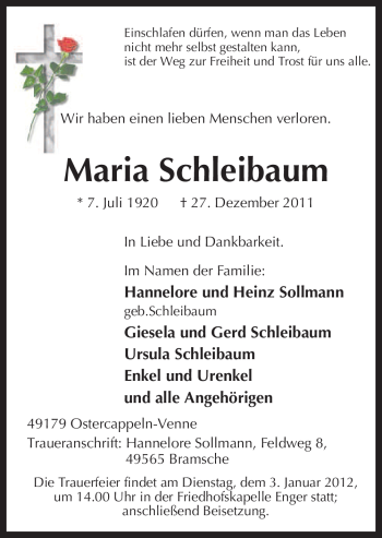 Traueranzeige von Maria Schleibaum von Neue Osnabrücker Zeitung