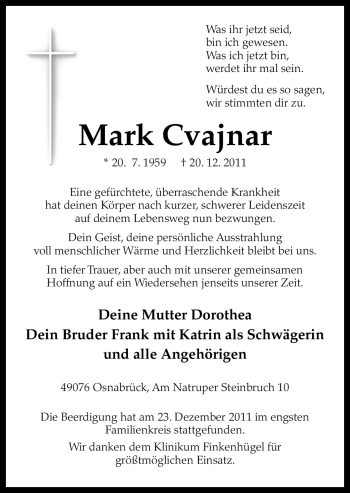 Traueranzeige von Mark Cvajnar von Neue Osnabrücker Zeitung