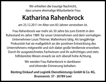 Traueranzeige von Katharina Rahenbrock von Neue Osnabrücker Zeitung