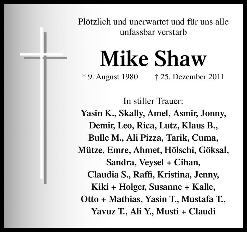  Traueranzeige für Mike Shaw vom 31.12.2011 aus Neue Osnabrücker Zeitung