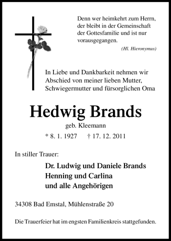 Traueranzeige von Hedwig Brands von Neue Osnabrücker Zeitung