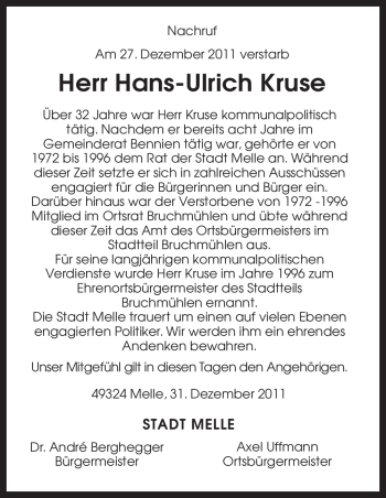 Traueranzeige von Hans-Ulrich Kruse von Neue Osnabrücker Zeitung