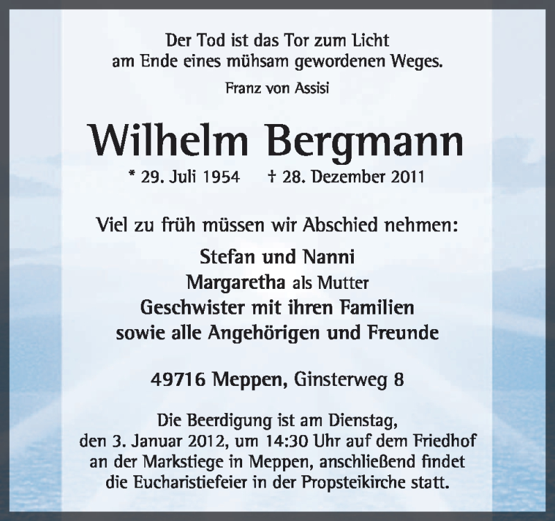  Traueranzeige für Wilhelm Bergmann vom 31.12.2011 aus Neue Osnabrücker Zeitung