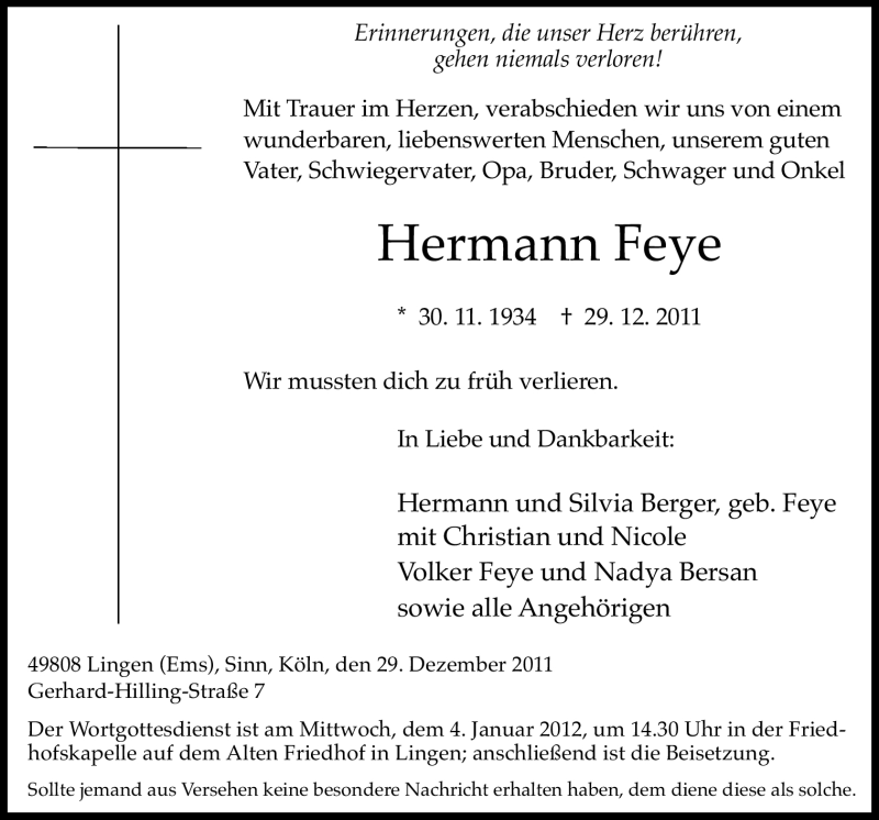  Traueranzeige für Hermann Feye vom 31.12.2011 aus Neue Osnabrücker Zeitung