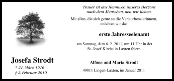 Traueranzeige von Josefa Strodt von Neue Osnabrücker Zeitung GmbH & Co. KG