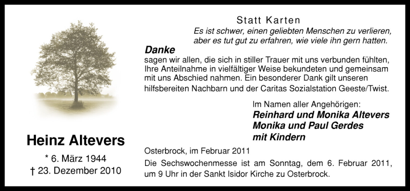  Traueranzeige für Heinz Altevers vom 02.02.2011 aus Neue Osnabrücker Zeitung GmbH & Co. KG
