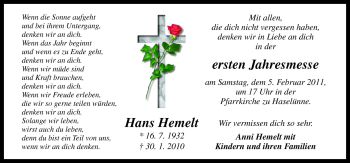 Traueranzeige von Hans Hemelt von Neue Osnabrücker Zeitung GmbH & Co. KG