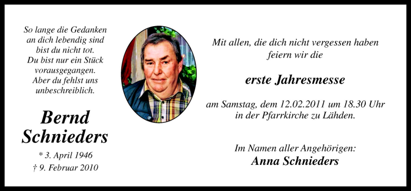  Traueranzeige für Bernd Schnieders vom 09.02.2011 aus Neue Osnabrücker Zeitung GmbH & Co. KG