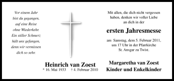 Traueranzeige von Heinrich van Zoest von Neue Osnabrücker Zeitung GmbH & Co. KG