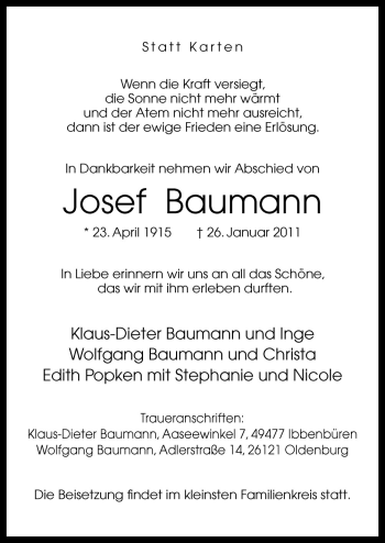 Traueranzeige von Josef Baumann von Neue Osnabrücker Zeitung GmbH & Co. KG
