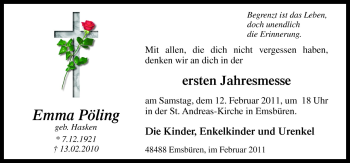 Traueranzeige von Emma Pöling von Neue Osnabrücker Zeitung GmbH & Co. KG