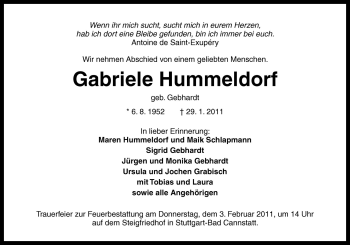 Traueranzeige von Gabriele Hummeldorf von Neue Osnabrücker Zeitung GmbH & Co. KG