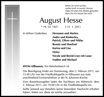 Traueranzeige von August Hesse von Neue Osnabrücker Zeitung GmbH & Co. KG